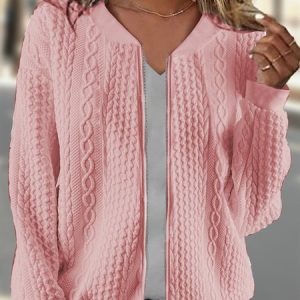 Long Sleeve Plain Zipper Regular High Elasticity Loose Pilot Jacket For Women, Jackets, color:Pink|size:XXL, Noracora