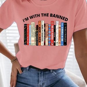 Women's I'm With The Banned Library For Book Lovers Funny Graphic Printing Text Letters Casual Cotton Loose T-Shirt, T-shirts, Lilicloth.com