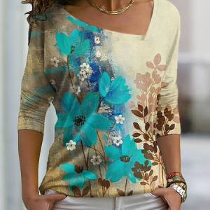 Asymmetrical Cotton-Blend Casual T-Shirt, T-Shirts, color:Khaki|size:XXL, JustFashionNow