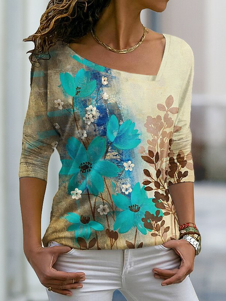 Asymmetrical Cotton-Blend Casual T-Shirt, T-Shirts, color:Khaki|size:XXL, JustFashionNow