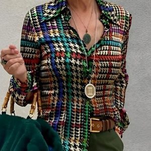 Urban Regular Fit Shirt Collar Houndstooth Blouse, Blouses and Shirts, color:As Picture|size:XXL, Stylewe