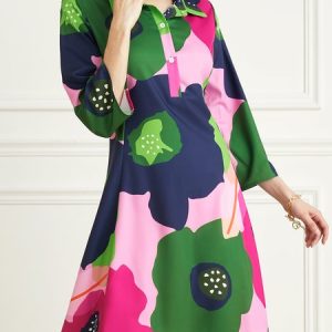 Urban Floral Shirt Collar Loose Dress, Dresses, color:flower|size:XXL, Stylewe