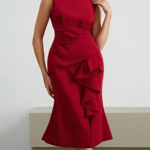 Flouncing Tight Elegant Party Dress, Midi Dresses, color:Wine Red|size:XXL, Stylewe