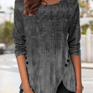 JFN Women Crew Neck Casual Floral Print Ethnic Gradient Long Sleeve Tunic Top, Shirts & Blouses, color:Gray|size:XXL, JustFashionNow