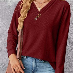 Casual Plain Regular Fit V Neck T-Shirt, T-Shirts, color:Wine Red|size:XXL, JustFashionNow