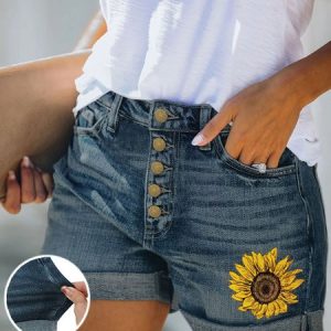 Women's Sunflower Stretch Jeans Stretchy Folded Hem Hot Short Jeans, color:Blue|size:3XL, Lilicloth.com