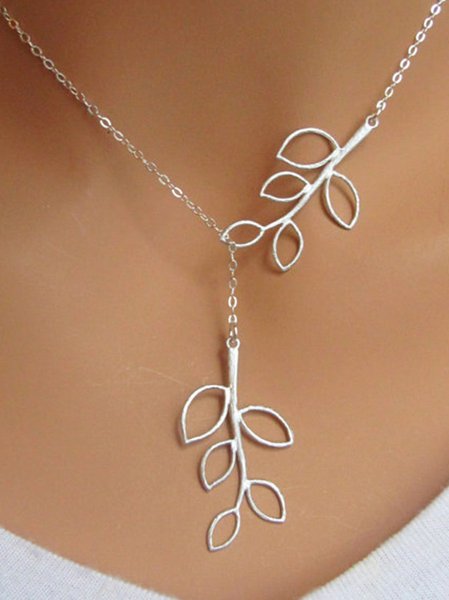Casual Silver Cutout Leaf Necklace Boho Vacation Jewelry, Necklaces, color:Silver|size:One-size, JustFashionNow