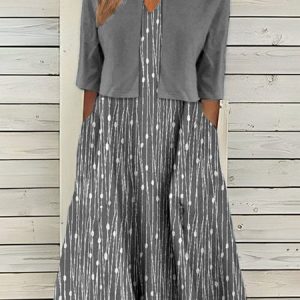 Trendy Polka Dot Print Two-Piece Set V Neck Dress with Cardigan, Casual Dresses, color:Gray|size:XXL, JustFashionNow