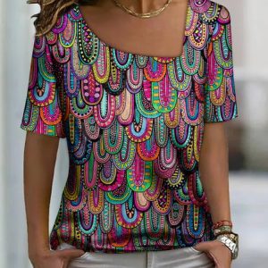 Women's Color Block Asymmetrical Neck Paisley Print Vacation Casual Top, T-Shirts, color:Multicolor|size:3XL, JustFashionNow