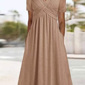 Women Casual Plain Natural Regular Fit Sweetheart Neckline Fit & Flare Maxi Dress, Maxi, color:Khaki|size:XXL, Noracora