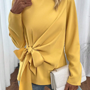 Crew Neck Long Sleeve Halloween Knot Front Regular Micro-Elasticity Loose Shirt For Women, Blouses, color:Yellow|size:XXL, Noracora