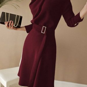 Stylewe Long sleeve Regular Fit Elegant Midi Dress, Midi Dresses, color:Crimson|size:XXL, Stylewe