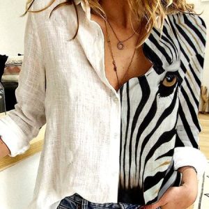 Cotton Linen Zebra Print Loose Long Sleeve Blouse, Shirts & Blouses, color:White|size:XXL, JustFashionNow
