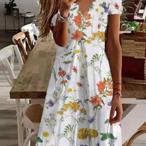 Loose Floral V Neck Casual Short Sleeve Dress, Midi Dresses, Roselinlin - Online Catalog