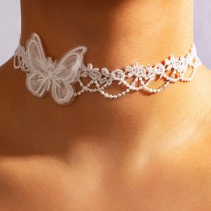 Boho White Butterfly Floral Motif Necklace Beach Vacation Party Jewelry, Necklaces, color:White|size:One-size, JustFashionNow