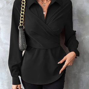 Urban Shirt Collar Plain Loose Blouse, Blouses and Shirts, color:Black|size:XXL, Stylewe
