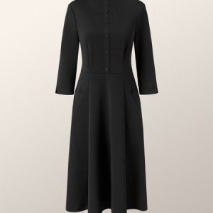 Elegant Stand Collar Plain Regular Fit Three Quarter Dress, Midi Dresses, color:Black|size:XXL, Stylewe