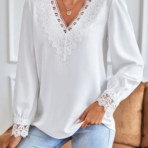 Casual Plain V Neck Lace Blouse, Shirts & Blouses, color:White|size:XXL, JustFashionNow