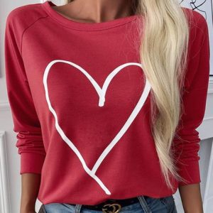 JFN Round Neck Heart Casual Sweatshirt, T-Shirts, color:Red|size:XXL, JustFashionNow
