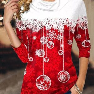 Women's Red Long Sleeve turtleneck Tops Christmas Snowflake Print, Sweatshirts & Hoodies, color:Red|size:XXL, JustFashionNow