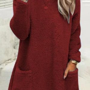 Women Plush Fluffy Crew Neck Casual Thermal Loose H-line Midi Dress With Pocket, Sweatshirts & Hoodies, color:Wine Red|size:XXL, JustFashionNow