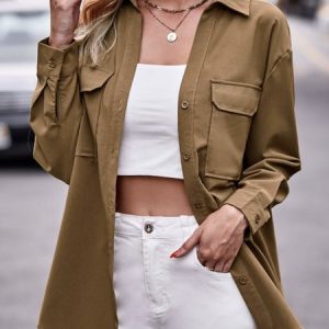 Shirt Collar Long Sleeve Plain Regular Loose Blouse For Women 2023, Shirts, color:Camel|size:XXL, Noracora
