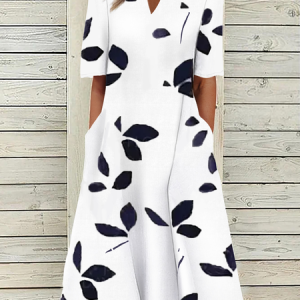 V Neck Casual Loose Short sleeve Woven Dress, Midi, color:White|size:XXL, Noracora