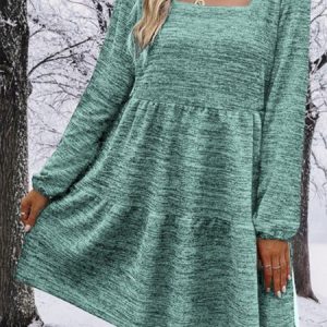 Casual Plain Crew Neck Dress, Dresses, color:Green|size:XXL, JustFashionNow
