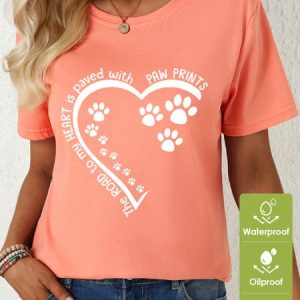 Women's Dog Lovers The Road To My Heart Is Paved With Paw Prints Loose Waterproof Oilproof And Stainproof Fabric T-Shirt, color:Pink|size:3XL, Lilicloth.com