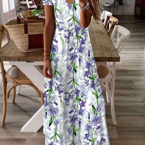 JFN V Neck Floral Vacation Beach Maxi Prom Dress, Dresses, color:Purplish blue|size:XXL, JustFashionNow