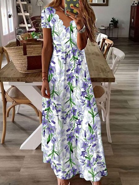 JFN V Neck Floral Vacation Beach Maxi Prom Dress, Dresses, color:Purplish blue|size:XXL, JustFashionNow