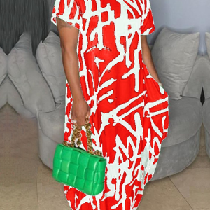 Vacation Crew Neck Short sleeve Abstract Loose Long Dress, Maxi Dresses, color:Red|size:XXL, Stylewe
