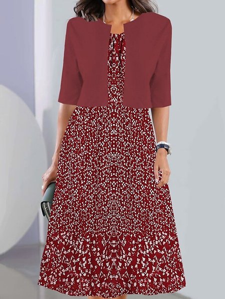 Crew Neck Floral Elegant Two-Piece Set, Suit Set, color:Red|size:XXL, JustFashionNow