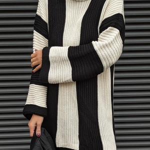 Casual Wool/Knitting Striped Turtleneck Sweater, Sweaters, color:Black|size:XXL, JustFashionNow
