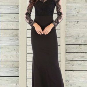 Lace Splicing Crew Neck Party Dress, Maxi, color:Black|size:XL, Noracora