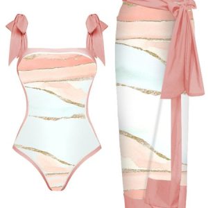 Stylewe Vacation Scoop Neck One Piece FashionSwimsuit With Cover Up, Coverups, color:Pink|size:XXL, Stylewe