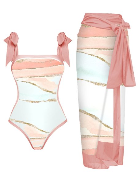 Stylewe Vacation Scoop Neck One Piece FashionSwimsuit With Cover Up, Coverups, color:Pink|size:XXL, Stylewe