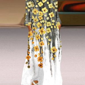 Women Floral Notched Long Sleeve Comfy Casual Maxi Dress, Maxi, color:Color3|size:5XL, Noracora