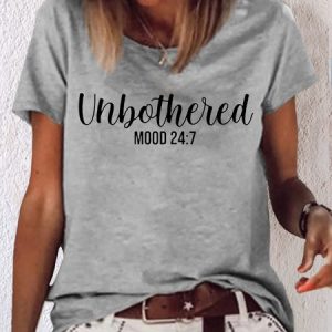 Women's Unbothered Mood 24/7 Crew Neck Casual T-Shirt, color:Gray|size:3XL, Lilicloth.com