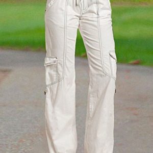 Linen Loose Plain Casual Drawstring Flap Pocket Side Tie Hem Long Pants, Pants, color:White|size:XXL, JustFashionNow