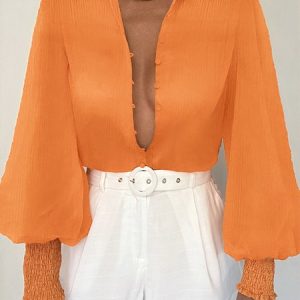 Regular Fit Shirt Collar Plain Elegant Blouse, Blouses and Shirts, color:Orange|size:XXL, Stylewe