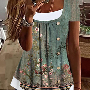 Floral Crew Neck Casual Shirt, Shirts & Blouses, color:Green|size:XXL, JustFashionNow