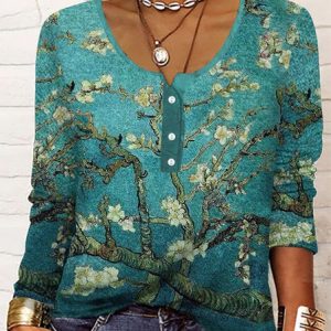 Loose Casual Crew Neck Floral Top, Shirts & Blouses, color:Green|size:XXL, JustFashionNow