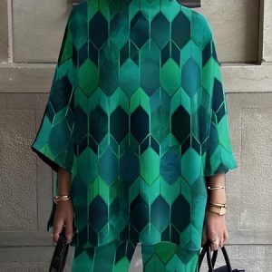 Urban Abstract Graphic Loose Half Turtleneck Shirt, Blouses and Shirts, color:Green|size:XXL, Stylewe
