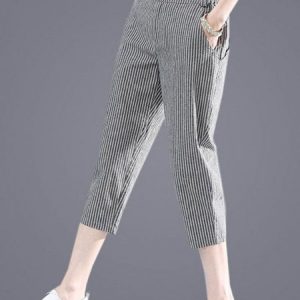 Casual Cotton And Linen Pants With No, Pants, color:Stripe|size:S, Noracora