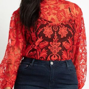 Plus Size Plain Regular Fit Turtleneck Casual Shirt, Shirts & Blouses, color:Red|size:4X, JustFashionNow