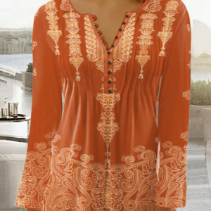 Women's Ethnic Casual Long Blouse to wear with legging Henry Collar Black Gold Tunic, T-Shirts, color:Orange|size:XXL, JustFashionNow