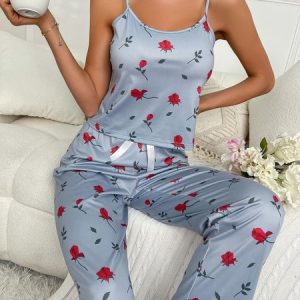 Women's Rose Floral Pattern Loose Suspender Home Pajama Pants Set, Loungewear & Sleepwear, color:Sky Blue|size:XL, JustFashionNow