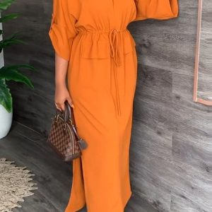 Women Plain Crew Neck Half Sleeve Comfy Casual Maxi Dress, Maxi, color:Orange|size:3XL, Noracora