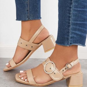 Square Toe Block Heel Buckle Straps Sandals, Sandals, color:Apricot|size:43, JustFashionNow
